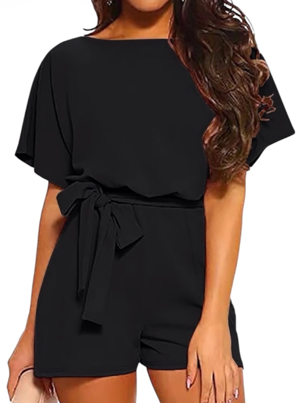 Women's Black Tie-Waist Romper Short Jumpsuit Size M